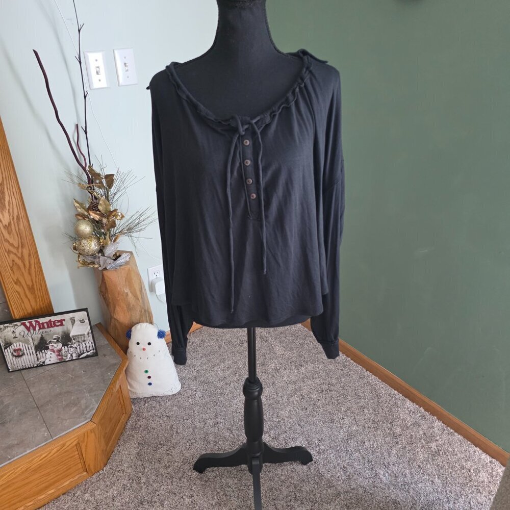 We the Free People Peasant Poet Top Black Collared Tie Neck XS Boho Loose Fit